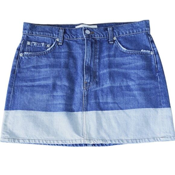 Reformation Ella Jean Mini Skirt Women's Blue Color Block Distress Zip Fly Sz 30 - Picture 1 of 8
